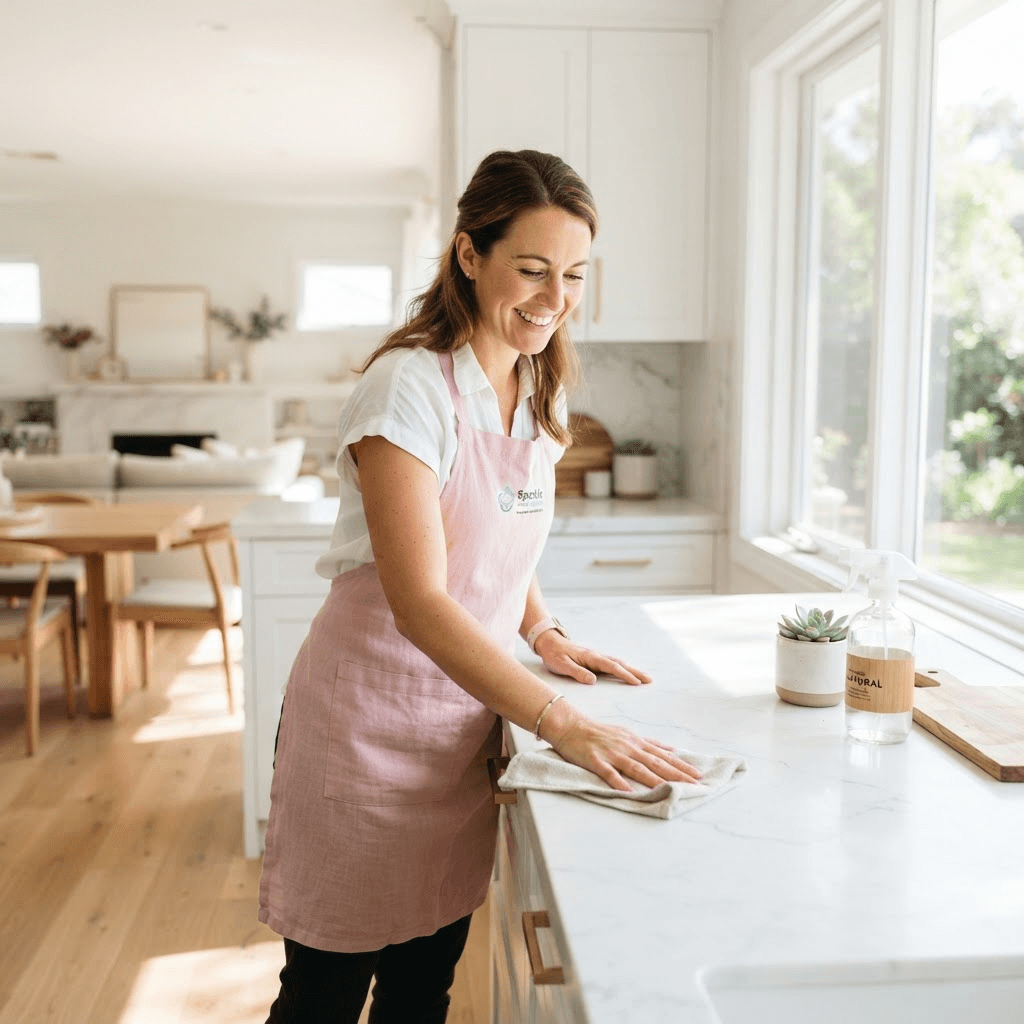 Professional cleaner tidying a bright modern living room